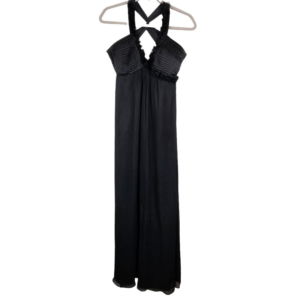 Max & Cleo Black 100% Silk Chiffon Floral 3D Rosettes Maxi Dress Women's Size 2